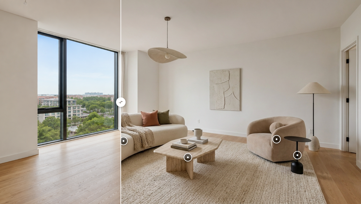 Astage AI interface showing an interactive before and after virtual staging comparison